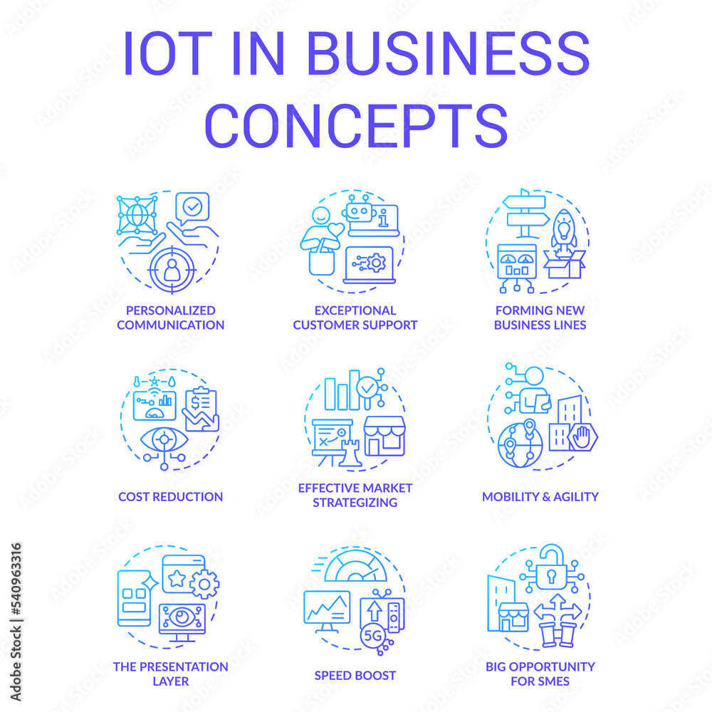 IoT in business blue gradient concept icons set. Digitalization opportunities. Transformation advantages idea thin line color illustrations. Isolated symbols. Roboto-Medium, Myriad Pro-Bold fonts used