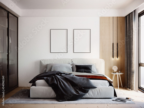 Mockup frame in contemporary bedroom design, bight home décor, 3d render, 3d illustration