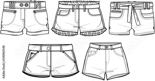 Women Denim Shorts Sets Fashion Illustration, Vector, CAD, Technical Drawing, Flat Drawing, Template, Mockup.
