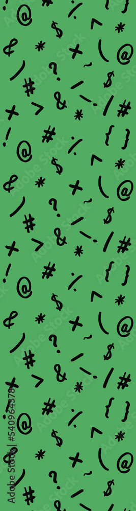pattern with the image of keyboard symbols. Punctuation marks. Template for applying to the surface. green background. Vertical banner for insertion into site. pattern with the image of keyboard symbols. Punctuation marks. Template for applying to the surface. green background. Vertical banner for insertion into site.