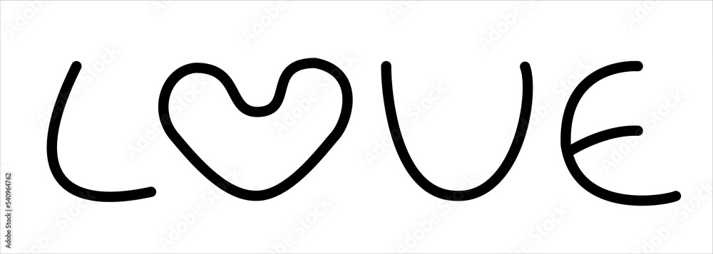 Vector isolated black line lettering love with heart instead of o letter. Vector isolated black line lettering love with heart instead of o letter.