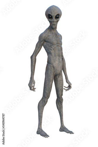 Grey Alien standing upright. 3D render isolated on transparent background.