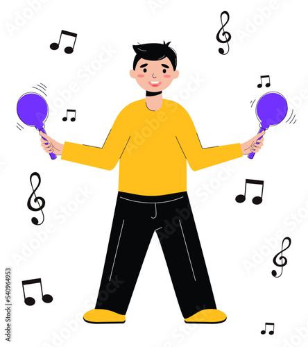The guy plays the maracas. Exotic musical instrument. Vector stock illustration. Flat character. Notes. Melody. Modern style