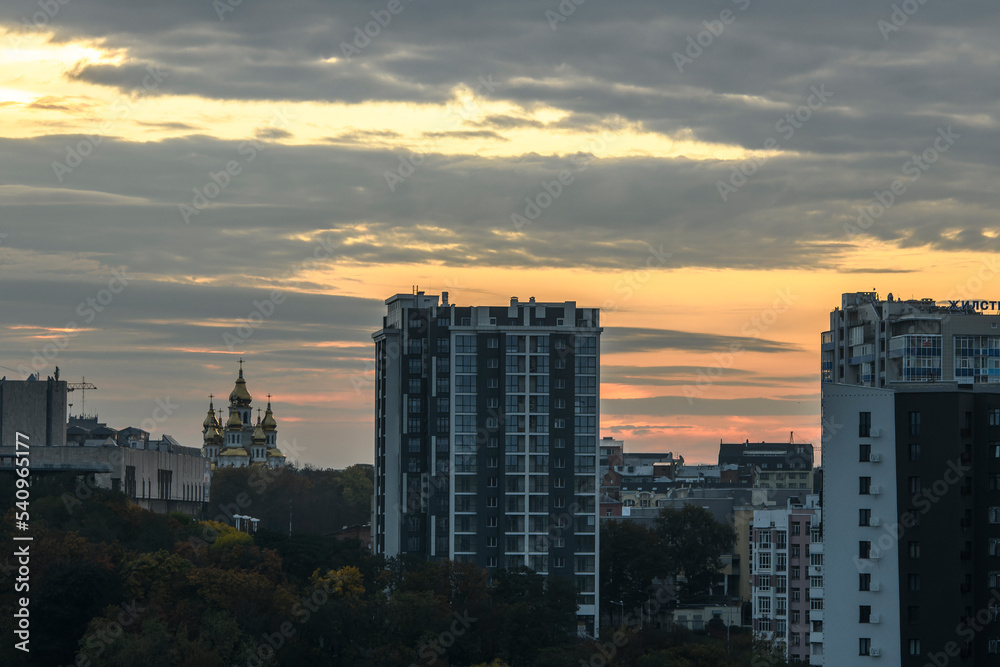 Sunrise over the central part of Kharkiv, Ukraine, September 30, 2022 