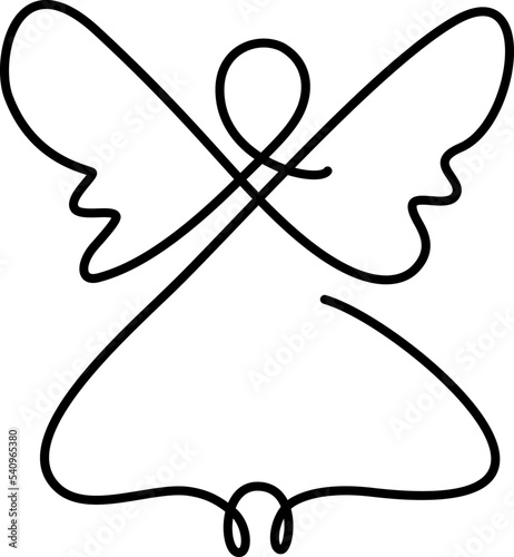 Simple vector Christmas angel with wings, continuous line drawing, small tattoo, print for clothes and logo design, emblem or silhouette one single line, isolated abstract illustration
