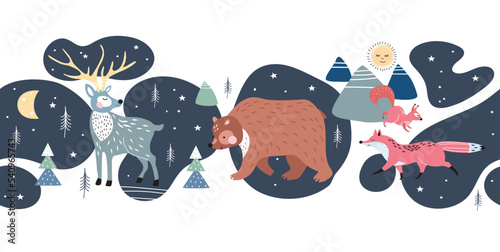 Horizontal seamless pattern. Cute cartoon bear, deer, squirrel and fox.