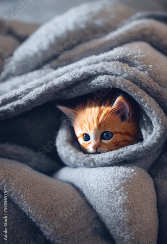 Kitten peeking his head out of a blanket