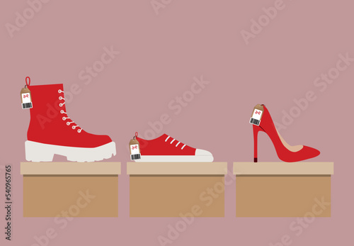 shoe sale illustration. shoe store showcase vector with shoes on boxes