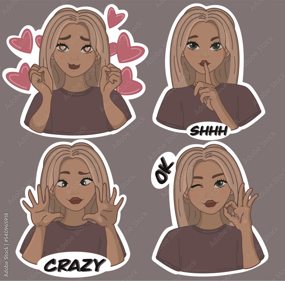 Cute beautiful girl in the style of stickers in different poses first pack Cute beautiful girl in the style of stickers in different poses first pack