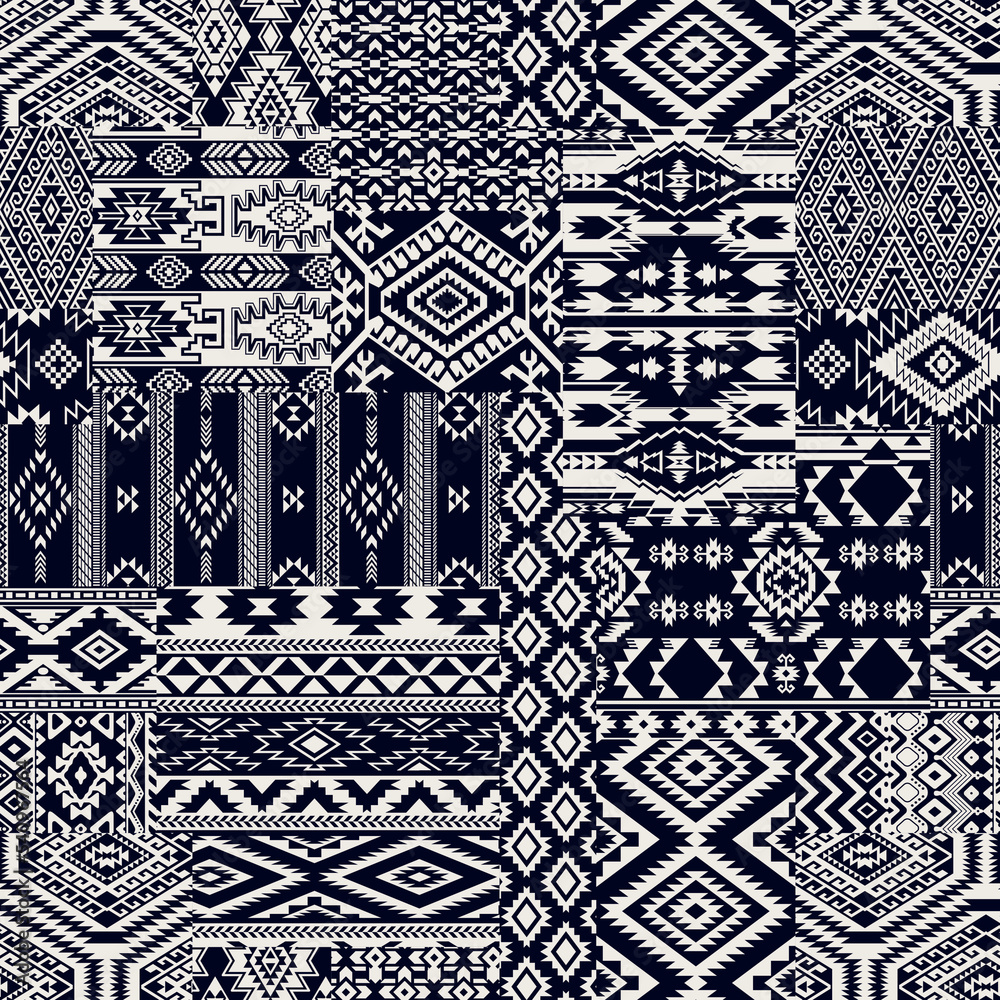 Black and white native American traditional fabric patchwork abstract vector seamless pattern 