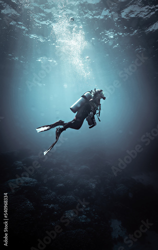 Photo Woman diver in the water, dive site in Dahab, South Sinai, Egypt