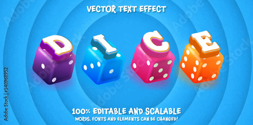 Dice Colorful font lettering plastic dice against an blue background. 3d editable lettering typography template. Ready to use for casino business, banner, poster