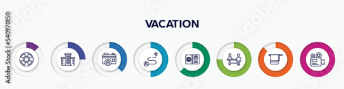 infographic element with vacation outline icons. included life bouy, hotel, vintage digital photo camera, journey, open passport, persons in an airport, bath towel, camera recorder vector.