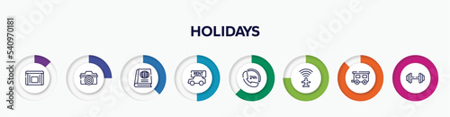 infographic element with holidays outline icons. included sick bag, digital camera, geography text book, rent a car, 24 hours phone attention service, airport flight info, house trailer, gym
