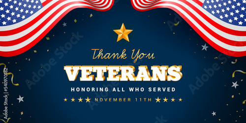 Thank you Veterans - Honoring all who served banner vector illustration. USA flag waving with gold confetti on navy blue background..