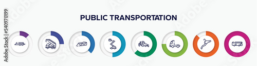 infographic element with public transportation outline icons. included car trailer, airport truck, car lights, aerial lift, backhoe, pickup truck side view, brakes, checker vector.