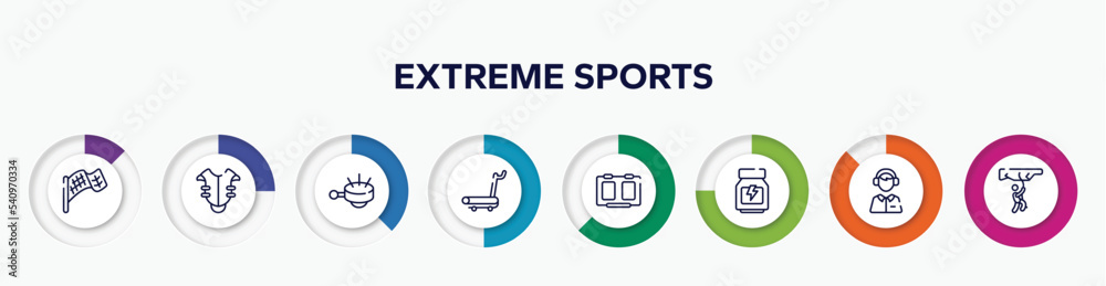 infographic element with extreme sports outline icons. included checkered flag, chest protection, ringer, treadmill hine, score board, whey protein, sport commentor, rappel vector. infographic element with extreme sports outline icons. included checkered flag, chest protection, ringer, treadmill hine, score board, whey protein, sport commentor, rappel vector.
