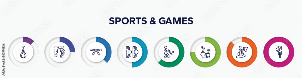 infographic element with sports & games outline icons. included speed bag, abseiling, black belt, elbow pads, batter, stationary bicycle, wakeboarding, crocket vector. infographic element with sports & games outline icons. included speed bag, abseiling, black belt, elbow pads, batter, stationary bicycle, wakeboarding, crocket vector.