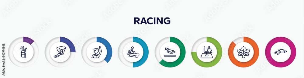 infographic element with racing outline icons. included golf caddy, hang glider, committee, sledding, null, rugby goal, m leaf, autocross vector. infographic element with racing outline icons. included golf caddy, hang glider, committee, sledding, null, rugby goal, m leaf, autocross vector.