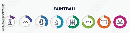 infographic element with paintball outline icons. included protein powder, rings, substitution, glass award, trellis, ez bar, offside, munition vector.