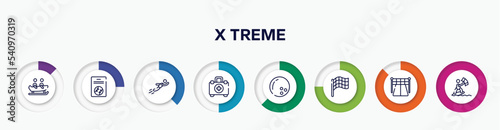 infographic element with x treme outline icons. included bobsledding, baseball card, free flying, emergencies, bowling ball, race flag, starting point, kitesurfing vector.