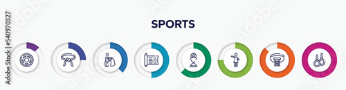 infographic element with sports outline icons. included sprocket, belts, bullfight, sacred scriptures, football trophy, hostess, basketball hoop, gymnastic rings vector.