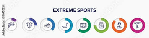 infographic element with extreme sports outline icons. included checkered flag, chest protection, ringer, treadmill hine, score board, whey protein, sport commentor, rappel vector.