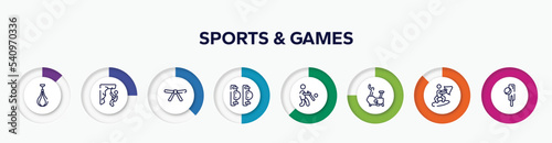 infographic element with sports & games outline icons. included speed bag, abseiling, black belt, elbow pads, batter, stationary bicycle, wakeboarding, crocket vector.