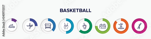 infographic element with basketball outline icons. included go kart, kayaking, team bench, slim body, foam hand, tactic, highlining, team player vector.