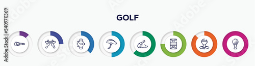 infographic element with golf outline icons. included dive light, pommel horse, dive computer, bike helmet, drifting, hockey pitch, judoka, tee vector.