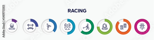 infographic element with racing outline icons. included hockey player, bench press, kicking, protector, hammer throwing, fencer, null, paddock vector.