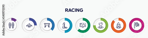 infographic element with racing outline icons. included shin, hang gliding, hurdle, boxing shoe, telemetry, karateka, horsewoman, victory lap vector.