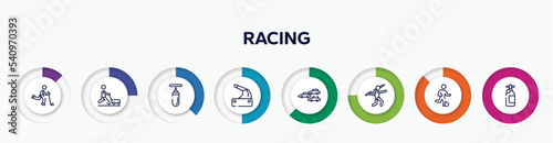 infographic element with racing outline icons. included bowman, farming and gardening, sand bag, handbrake, apex, javelin, football players, vector.