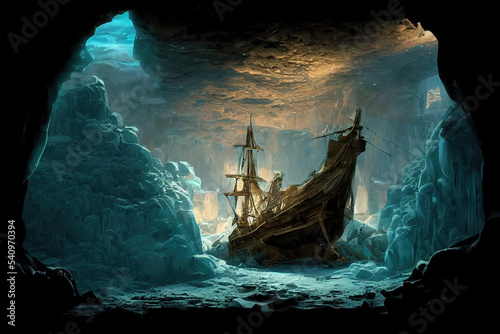 AI generated Image of an ancient Spanish galleon laden with treasures hidden in an icy cave