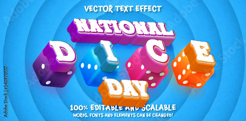 National Dice Day text, 3d editable text effect lettering typography template with vector colourful orange blue purple pink dices