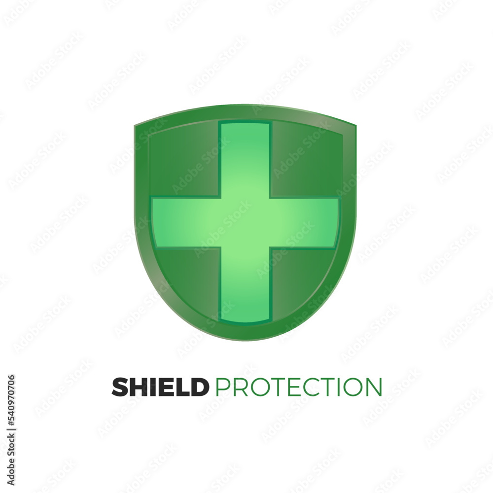 Obraz premium Green Shield protection emblem, medical protect, medication symbol logo illustration.