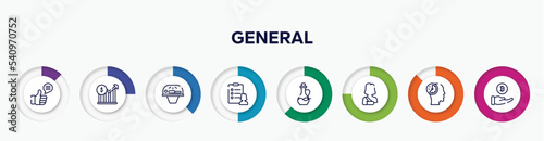 infographic element with general outline icons. included social campaign, stock prices, solarium, profile list, massage oil, shoulder immobilizer, patience, initial coin offering vector.