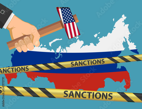 Hammer with USA flag over Russia map.