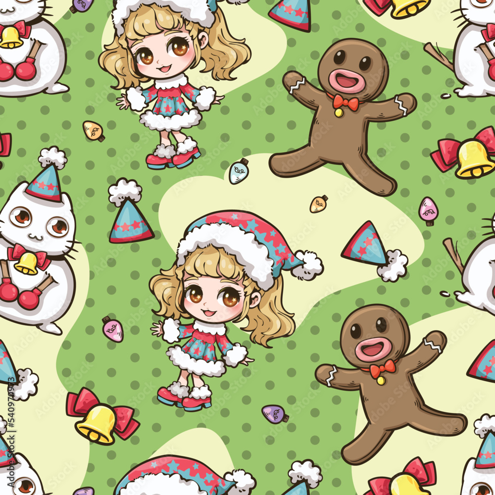 Seamless pattern of Christmas cute character cartoon, girl, You can be used for backgrounds, cards and more. All swatches are seamless and you will be able to use it for large surfaces.
