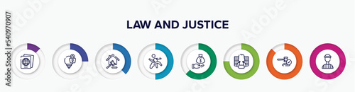 infographic element with law and justice outline icons. included immigration, intellectual property, property and finance, corpse, bribery, prisoner, veredict, prisioner vector.