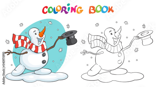 Coloring book or page, illustration. Card concept - Cute snowman.