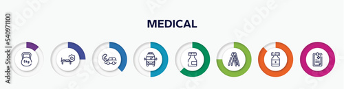 infographic element with medical outline icons. included weights, hospitalization, car crash, frontal ambulance, medicine flask, mechanical ladder, medicine container, clinic history vector.