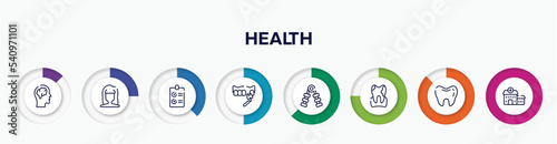 infographic element with health outline icons. included brain inside human head, woman dark long hair shape, checked list, veneer, hand grip, plaque, teeth black shape, health center vector.