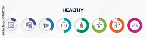 infographic element with healthy outline icons. included cross inside a square, blood pressure gauge, lovely aid band, brain upper view, wounded man, standing human body, bad breath, yoga mat