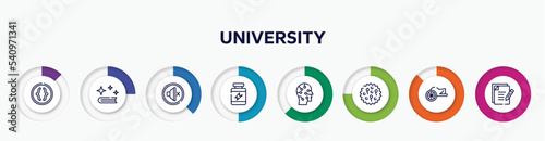 infographic element with university outline icons. included parentheses, spell, silent, protein supplement, artificial, ovule, chariot, as vector.