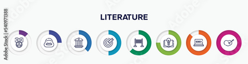 infographic element with literature outline icons. included driving school, beanbag, pillars, dart, finish line, theory, online education, treason vector.