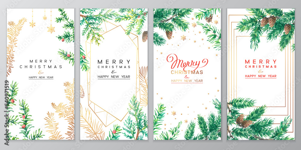 Christmas Poster set. Vector illustration of Christmas Background with branches of christmas tree.