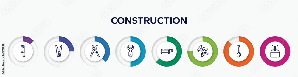 infographic element with construction outline icons. included cleaver, clothespin, pruning shears, peeler, hacksaw with handle, construction tools, long shovel, concrete vector. infographic element with construction outline icons. included cleaver, clothespin, pruning shears, peeler, hacksaw with handle, construction tools, long shovel, concrete vector.
