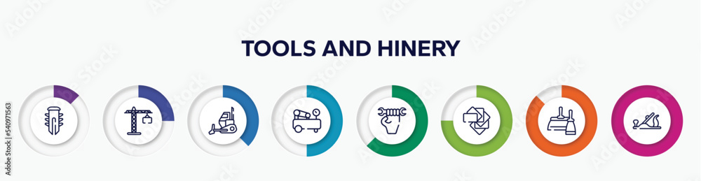 infographic element with tools and hinery outline icons. included dyupel, null, bulldozing, air compressor, labor day, color pack, two spatulas, plane controls vector.