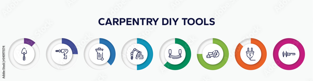 infographic element with carpentry diy tools outline icons. included garden trowel, perforator, dumpster, trucking, mezzaluna, big saw, electrical plug, calipers vector. infographic element with carpentry diy tools outline icons. included garden trowel, perforator, dumpster, trucking, mezzaluna, big saw, electrical plug, calipers vector.